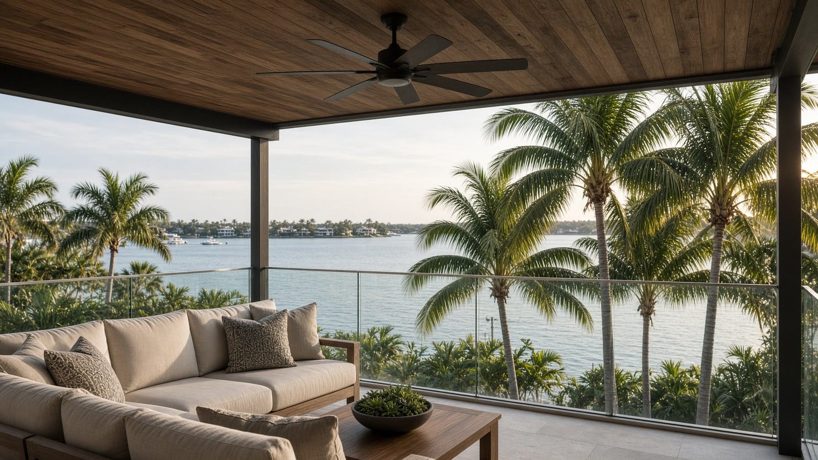 Covered waterfront lanai with a wood ceiling and a bay view