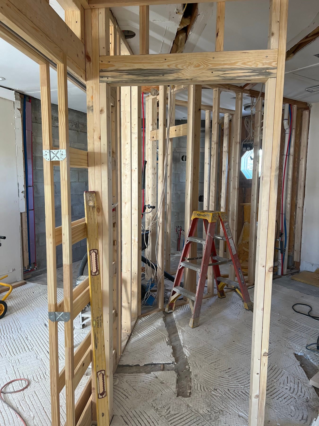 During: primary suite gutted and reframed — two toilet rooms came out so laundry, storage, and the shower could grow