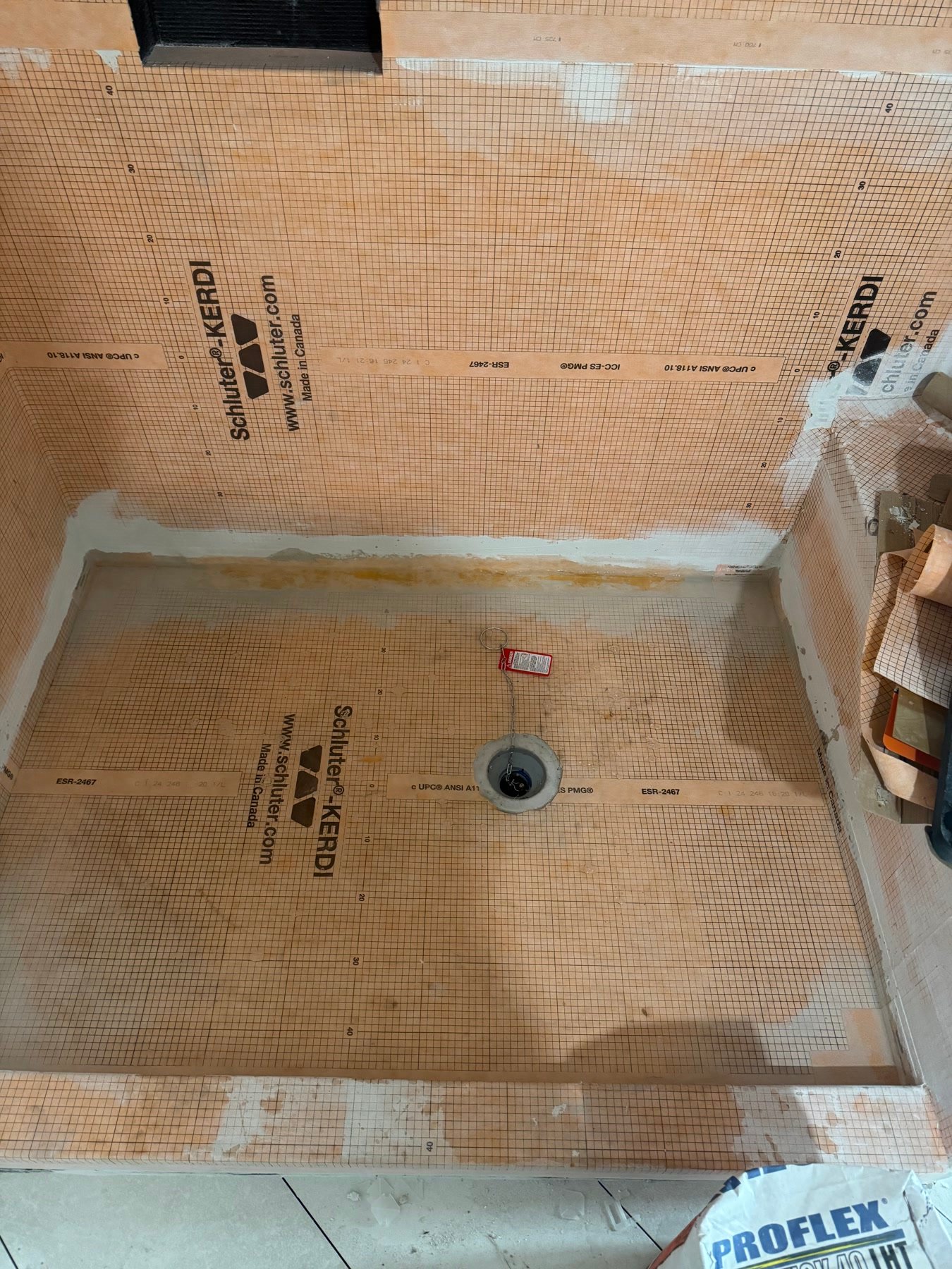 During: Kerdi-lined shower walls and pan, ready for tile